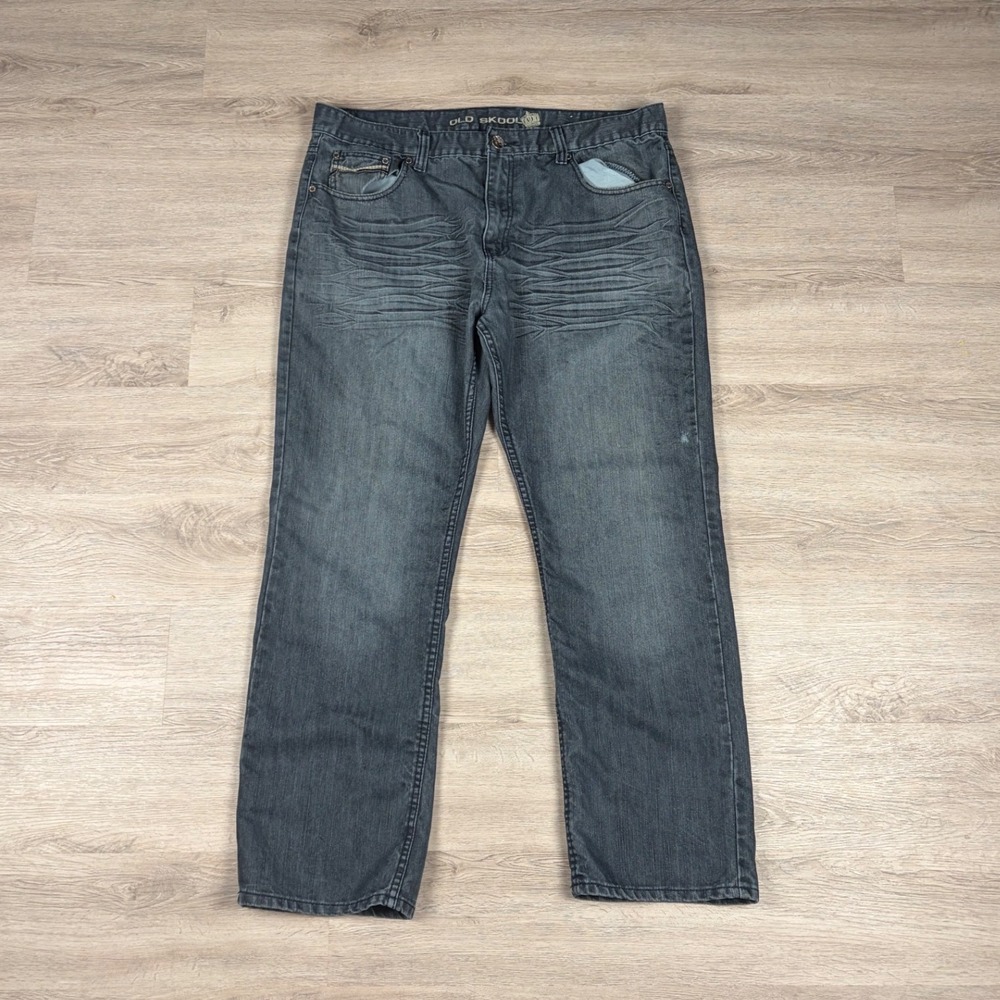 Old Skool Jeans Mens 40 Gray Dark Wash Good Y2K Skater Whiskered Straight Leg